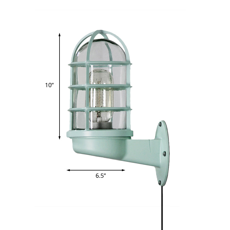 Green Clear Glass Industrial Bathroom Sconce Lighting: Wall-Mounted Plug-In Corded Fixture with Caged Shade