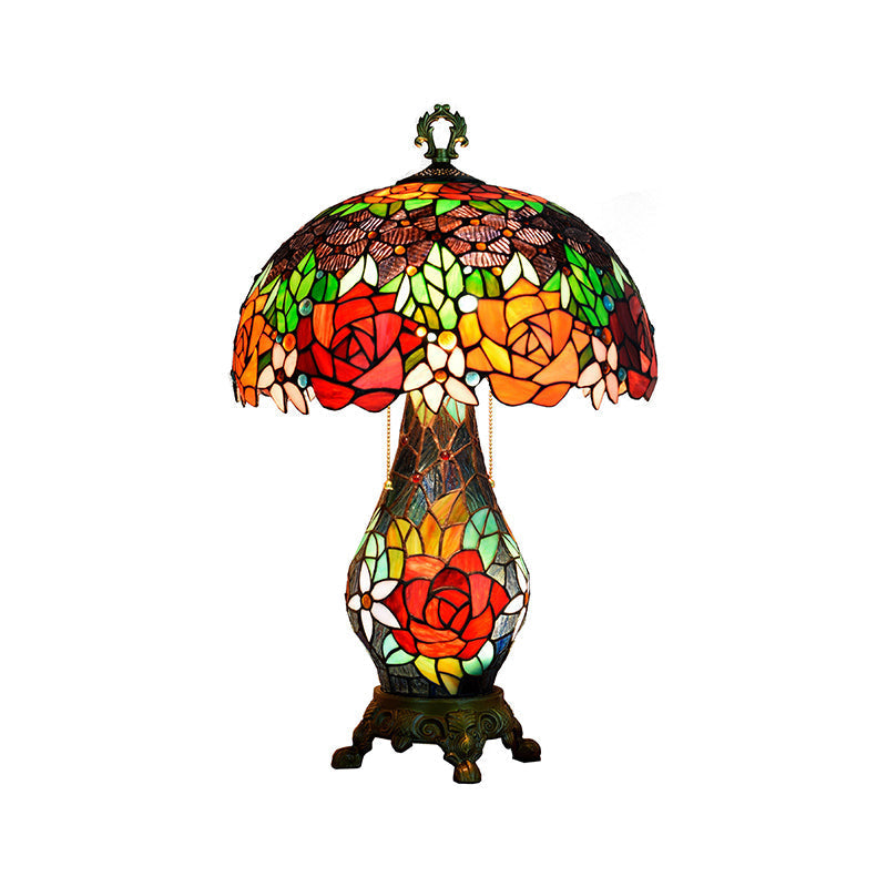 3-Headed Green Tiffany Stained Art Glass Rose Pattern Table Lamp with Mushroom Shade - Nightstand Lighting