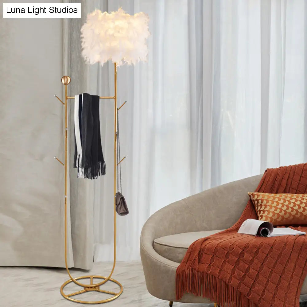 U-Shape Metallic Tree Floor Lamp, 1-Light Black/Gold Finish with Feather Shade - Simple and Stylish Lighting