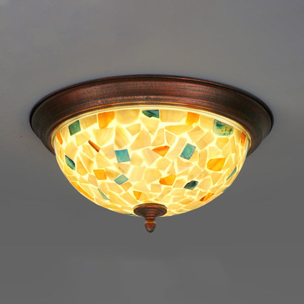 Beige Round Flushmount Lodge Stained Glass Ceiling Light Fixture with Floral/Geometric Elements