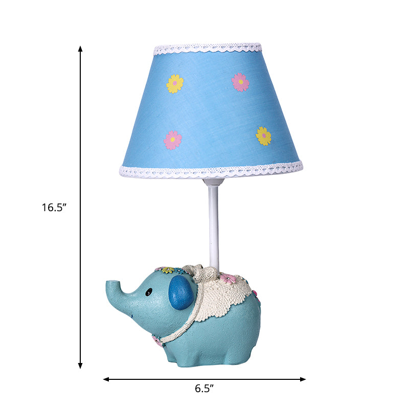 Lampe de bureau cône bleu avec motif floral – Lampe de table en tissu pour enfants, base éléphant