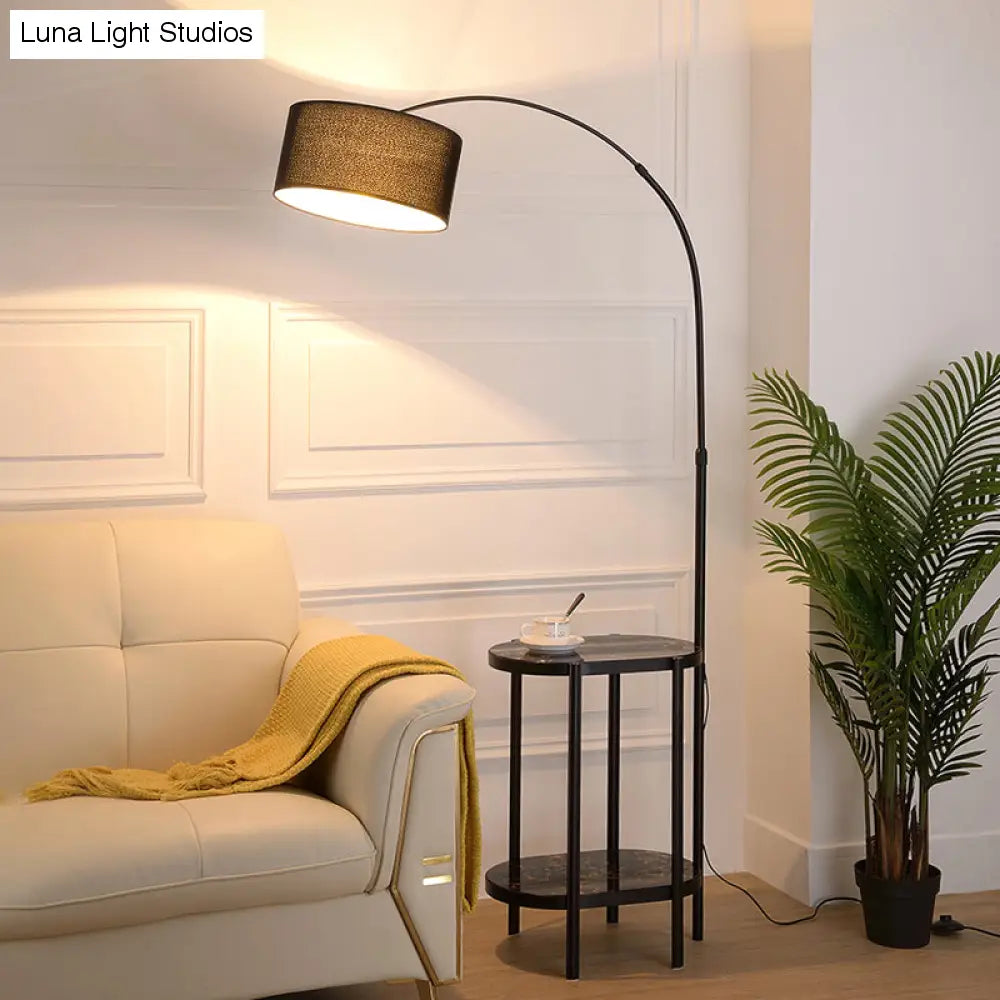 Modern Round Floor Lamp with Shelf - Simple Fabric Shade, Arched Design - Ideal for Living Room Lighting